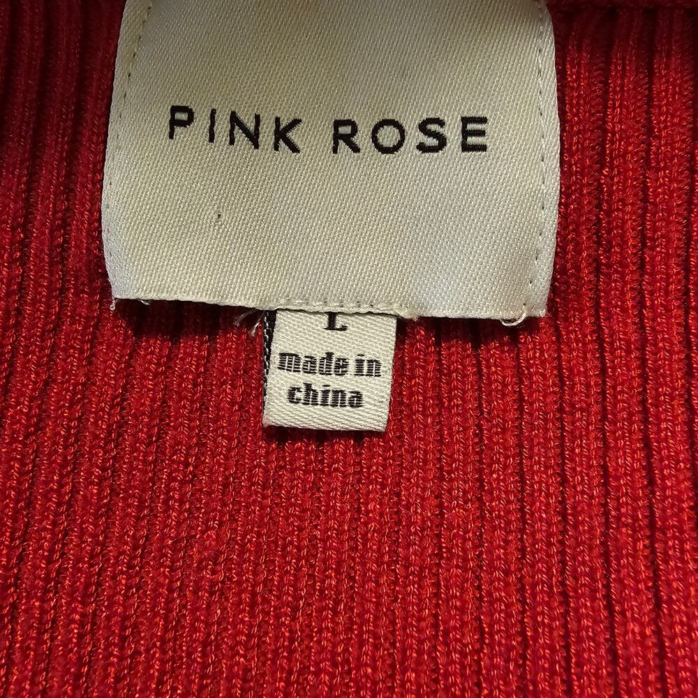 Pink Rose L Coquette Sweetheart Ribbed Top Red Fitted Soft Girl Stretch Sweater - Picture 5 of 11